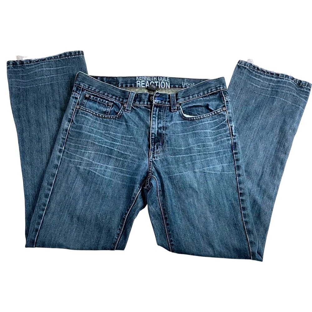 Kenneth Cole Reaction Mens Bootcut Jeans 30x30 Medium Frayed Embroidered Pockets